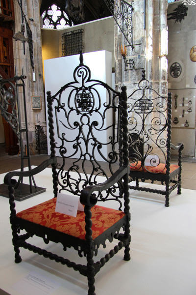 Two wrought iron armchairs (16thC or 17thC) from France or Spain at Wrought Iron Museum. Rouen, France.