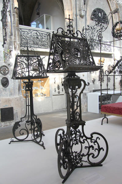 Two wrought iron church lecterns (early 18thC) from Amiens at Wrought Iron Museum. Rouen, France.