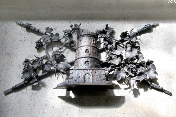Iron wall sign of A la Tour d'Argent cabaret (18thC) from Paris at Wrought Iron Museum. Rouen, France.