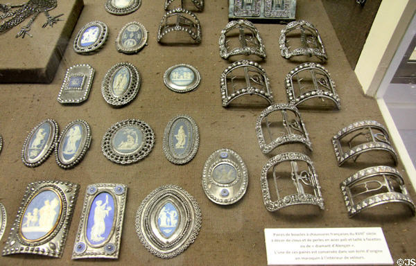Inlaid belt buckles & pairs of shoe buckles (18thC) at Wrought Iron Museum. Rouen, France.