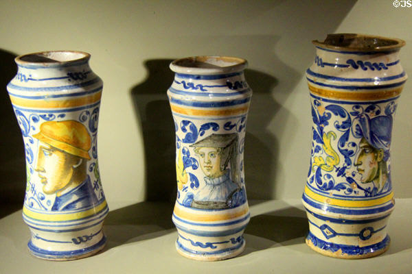 Albarello earthenware medicinal jars (c1545) by workshop of Masséot Abaquesne of Rouen at Rouen Ceramic Museum. Rouen, France.