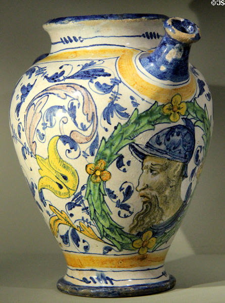 Spouted earthenware water jar (c1545) by workshop of Masséot Abaquesne of Rouen at Rouen Ceramic Museum. Rouen, France.