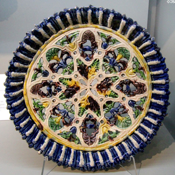 Glazed earth fruit bowl in style of Bernard Palissy (start 17thC) from Auge, France at Rouen Ceramic Museum. Rouen, France.