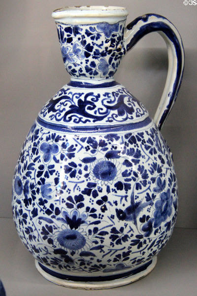 Earthenware pitcher with blue foliage (1715) from Rouen at Rouen Ceramic Museum. Rouen, France.