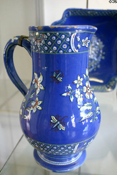 Blue water pitcher (bleu empois) (c1730-40) from Rouen at Rouen Ceramic Museum. Rouen, France.