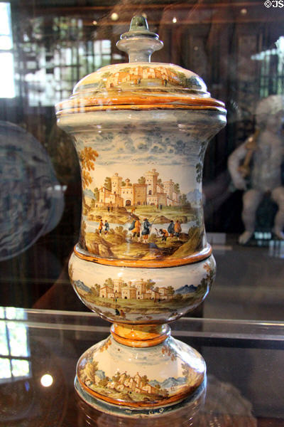 Earthenware pot with cover with town scene (c1750) from Castelli, Italy at Rouen Ceramic Museum. Rouen, France.