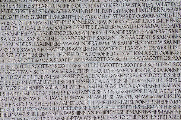 Names of Canadian World War I dead carved on base of Vimy Ridge Memorial. Vimy, France.
