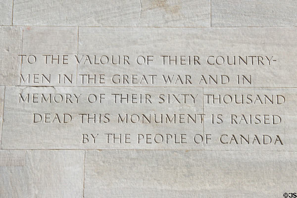 Dedication to 60,000 Canadian in the Great War at Vimy Ridge Memorial. Vimy, France.