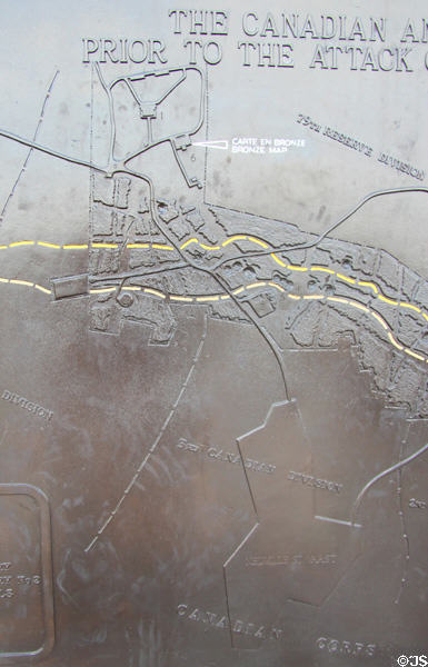 Bronze map showing battle lines at Vimy Ridge Memorial. Vimy, France.