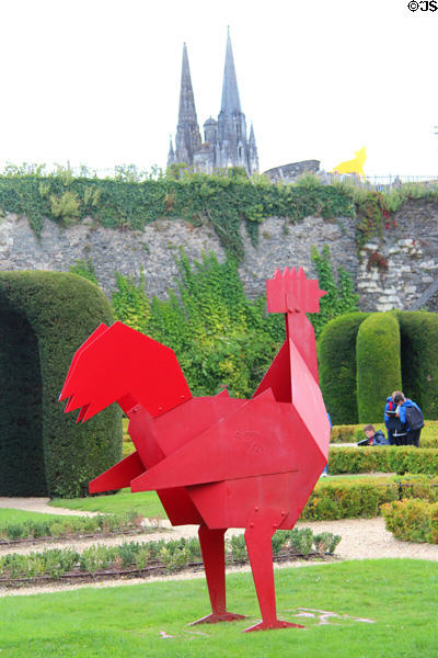 Modern style sculpted rooster in gardens of Angers Chateau. Angers, France.