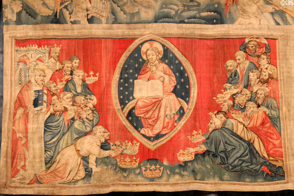 The Elders fall down before God from Apocalypse Tapestry at Angers Chateau. Angers, France.