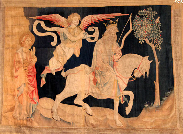 First seal: conqueror on the white horse from Apocalypse Tapestry at Angers Chateau. Angers, France.