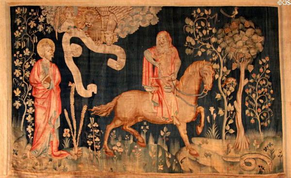 Third seal: black horse & famine from Apocalypse Tapestry at Angers Chateau. Angers, France.