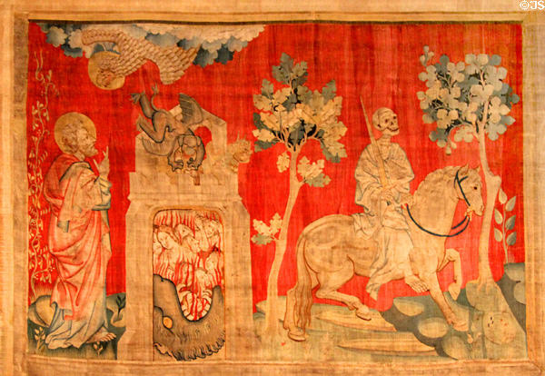 Fourth seal: pale horse & death from Apocalypse Tapestry at Angers Chateau. Angers, France.