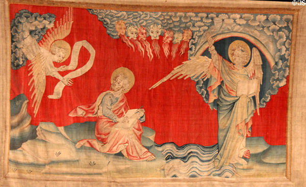 Angels with book from Apocalypse Tapestry at Angers Chateau. Angers, France.