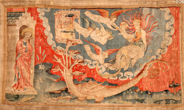 Woman clothed with sun from Apocalypse Tapestry at Angers Chateau. Angers, France.