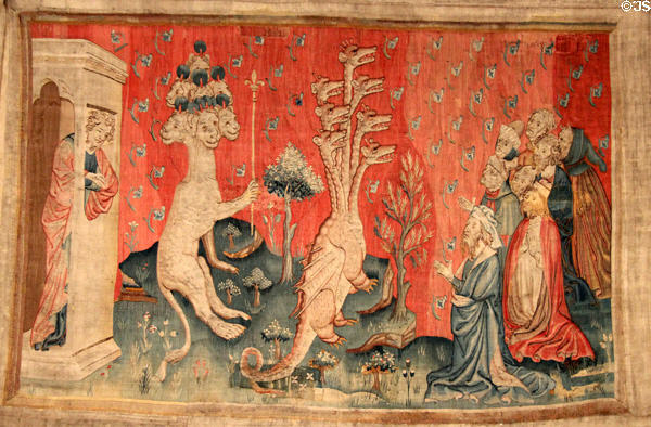 Worship of Dragon from Apocalypse Tapestry at Angers Chateau. Angers, France.