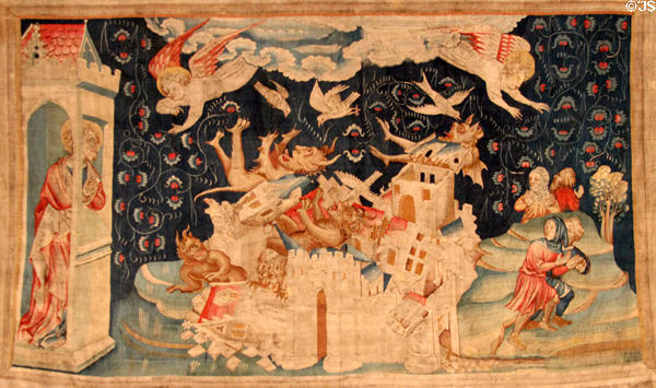Fall of Babylon overrun by demons from Apocalypse Tapestry at Angers Chateau. Angers, France.