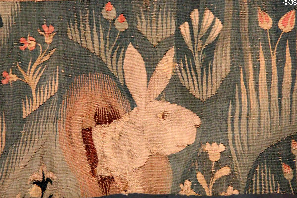Embroidered detail of rabbit from Apocalypse Tapestry at Angers Chateau. Angers, France.