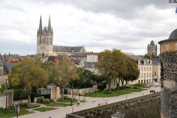 St Maurice of Angers Cathedral spires seen from Angers Chateau. Angers, France.