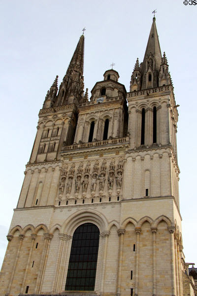 St Maurice of Angers Cathedral front facade surmounted by three spires. Angers, France.