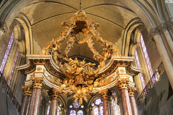 Canopy of gilded wood over high altar at St Maurice of Angers Cathedral. Angers, France.