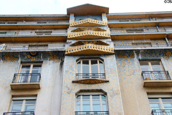 Art Deco balconies, railings & murals of La Maison Bleue. Angers, France.