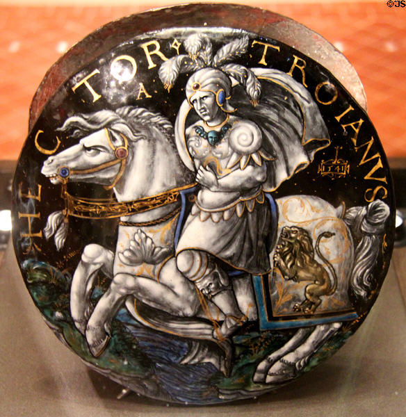 Hector the Trojan (1541) enamel paint on copper by Colin Noualhier of Limoges at Angers Fine Arts Museum. Angers, France.