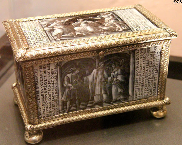 Chest (1545) decorated with scenes from a theatrical production, enamel paint on copper by Colin Noualhier from Limoges at Angers Fine Arts Museum. Angers, France.
