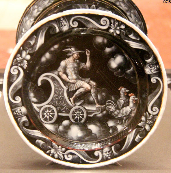 Mercury on a cart being pulled by roosters (c1555-65) enamel paint on copper by Jean Court (aka Vigier) from Limoges at Angers Fine Arts Museum. Angers, France.