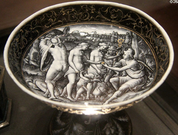 Cup depicting Judgment of Paris (3rd quarter 16thC) enamel paint on copper by Pierre Corteys of Limoges at Angers Fine Arts Museum. Angers, France.