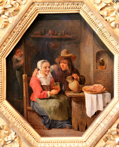 Unequal Love: an old woman & a young man painting (2nd half 17thC) by David Teniers the Younger at Angers Fine Arts Museum. Angers, France.