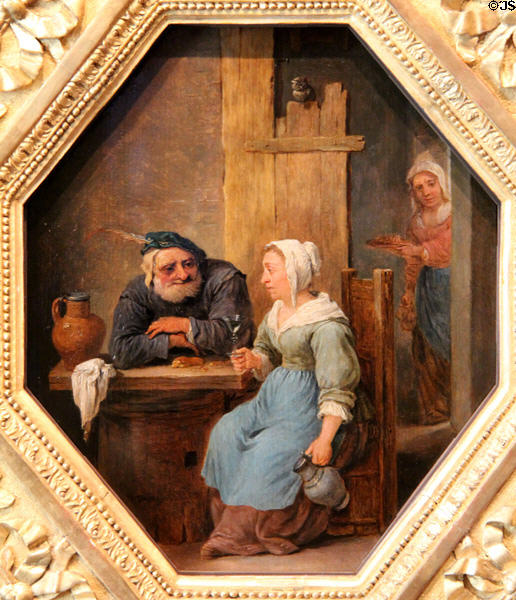 Unequal Love: an old man & a young woman painting (2nd half 17thC) by David Teniers Younger at Angers Fine Arts Museum. Angers, France.