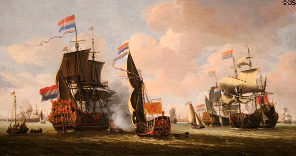 The Dutch fleet in Amsterdam Harbor painting (17thC) by Abraham Storck at Angers Fine Arts Museum. Angers, France.