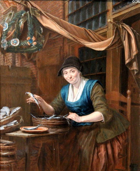 Woman selling fish painting (mid 18thC) by Gerrit Zegelaar at Angers Fine Arts Museum. Angers, France.