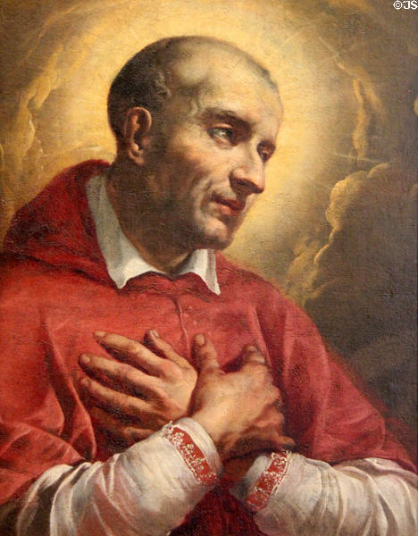 Portrait of St Charles Borromeo (17thC) by unknown Naples painter at Angers Fine Arts Museum. Angers, France.