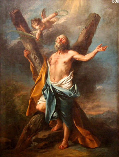 St Andrew Embraces his Cross painting (before 1741) by Charles-André Van Loo, known as Carle Vanloo at Angers Fine Arts Museum. Angers, France.