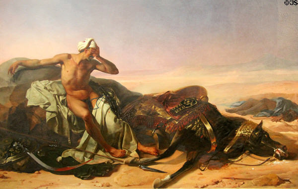 Arab Cries for his Horse Dead in Combat painting (1812) by Jean-Baptiste Mauzaisse at Angers Fine Arts Museum. Angers, France.