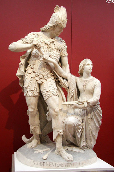 Plaster statue of St Genevieve disarming Attila (c1848) by Hippolyte Maindron at Angers Fine Arts Museum. Angers, France.