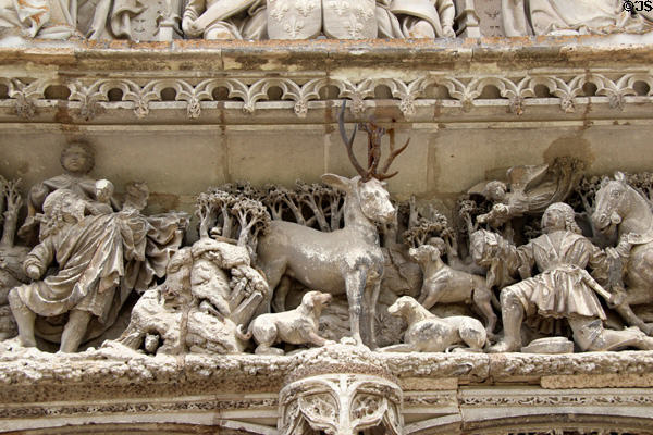 Detail of hunting scene carved over portal of St. Hubert's Chapel at Chateau Royal of Amboise. Amboise, France.