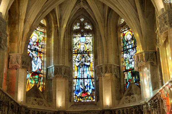 Stained glass windows (1952) depicting life of Louis IX (St. Louis) in St. Hubert's Chapel at Chateau Royal of Amboise. Amboise, France.