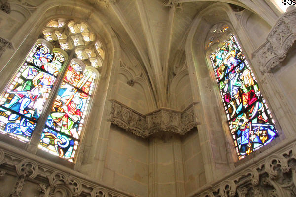Stained glass windows (1952) of life of St. Louis in St. Hubert's Chapel at Chateau Royal of Amboise. Amboise, France.