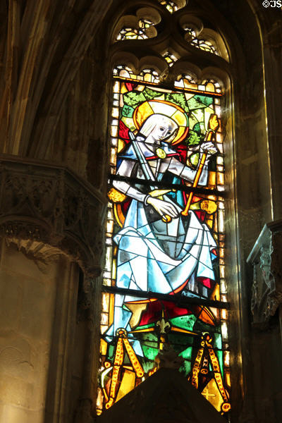 Stained glass window (1952) of life of St. Louis in St. Hubert's Chapel at Chateau Royal of Amboise. Amboise, France.