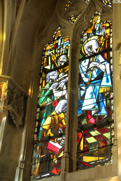 Stained glass window (1952) of life of St. Louis in St. Hubert's Chapel at Chateau Royal of Amboise. Amboise, France.