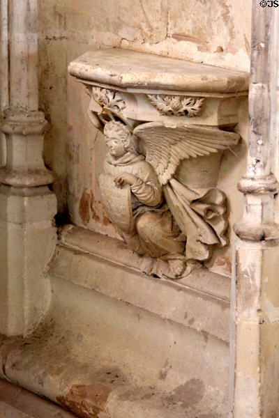 Corbelled angel carving in St. Hubert's Chapel at Chateau Royal of Amboise. Amboise, France.