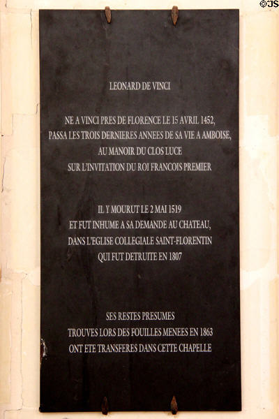 Plaque commemorating the life of Leonardo Da Vinci in St. Hubert's Chapel at Chateau Royal of Amboise. Amboise, France.