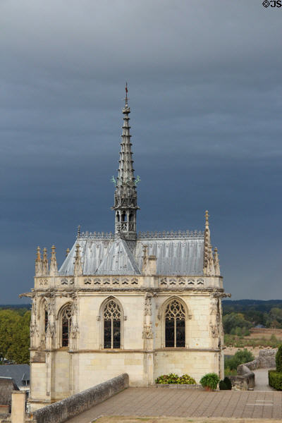 View of St. Hubert's Chapel against darkening sky at Chateau Royal of Amboise. Amboise, France.