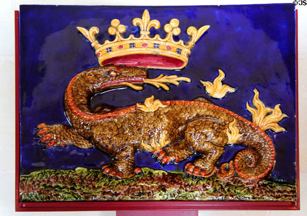Salamander emblem of François I in enamel tile in Royal Lodge at Chateau Royal of Amboise. Amboise, France.