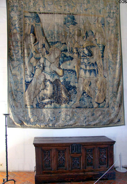 Flemish tapestry (late 16thC) & chest (15thC) in Drummers' Room of Royal Lodge at Chateau Royal of Amboise. Amboise, France.