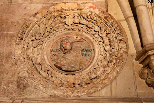 Alexander the Great carving in fireplace in Council Chamber in Royal Lodge at Chateau Royal of Amboise. Amboise, France.